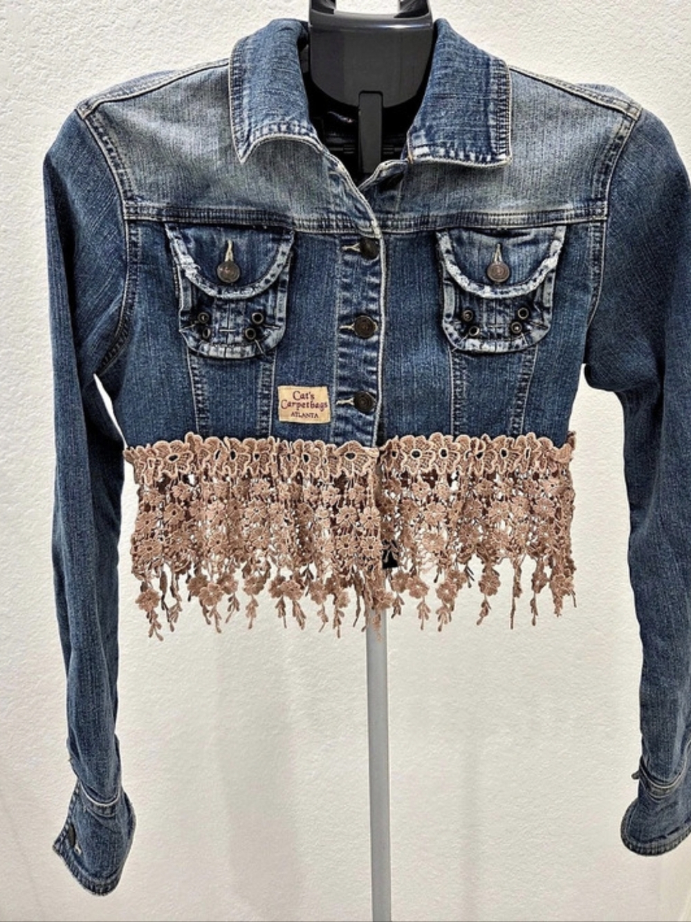 Cats Carpetbags Cropped Denim Jacket with Lace Hem in Blue & Pink Boho Y2K OOAK
